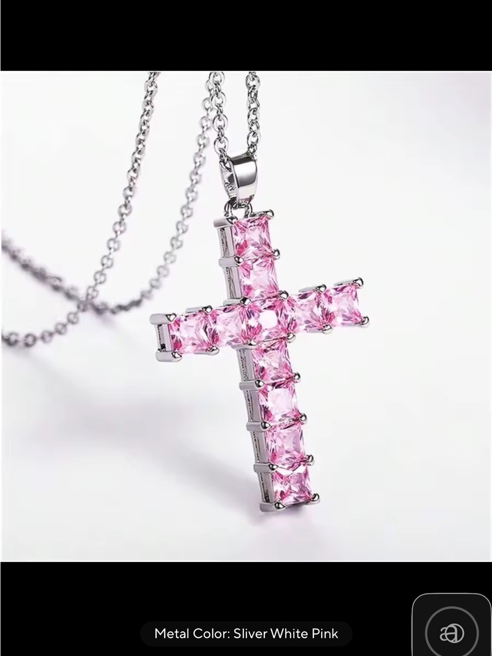 Silver Cross Pendant Necklace with Pink Stones - Women Jewelry